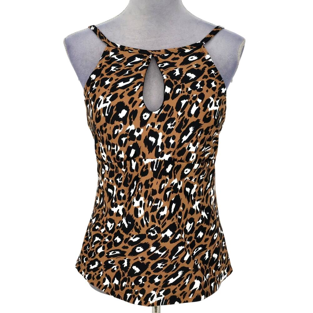 Ellen Tracy Swim Top Womens 14 Brown Black Animal Print Tankini Beach Resort